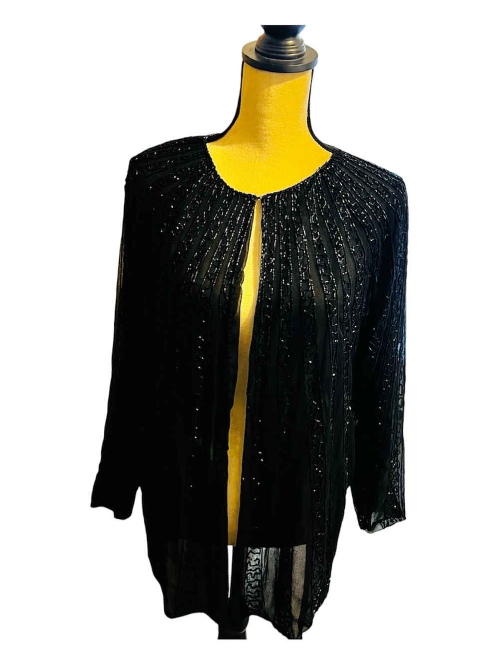 VTG Nightline Della Roufogali Sheer Black Silk Beaded Open Cardigan L
